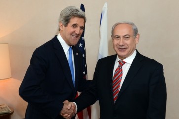 JERUSALEM, ISRAEL - APRIL 09: In this handout image provided by U.S. Embassy Tel Aviv, Israel's Prime minister Benjamin Netanyahu shakes hands with U.S. Secretary of State John Kerry on April 09, 2013 in Jerusalem, Israel.  Secretary Kerry is in the region to meet with Israeli and Palestinian officials in an attempt to help restart the peace process.
(Photo by Matty Ster/U.S. Embassy Tel Aviv via Getty Images)