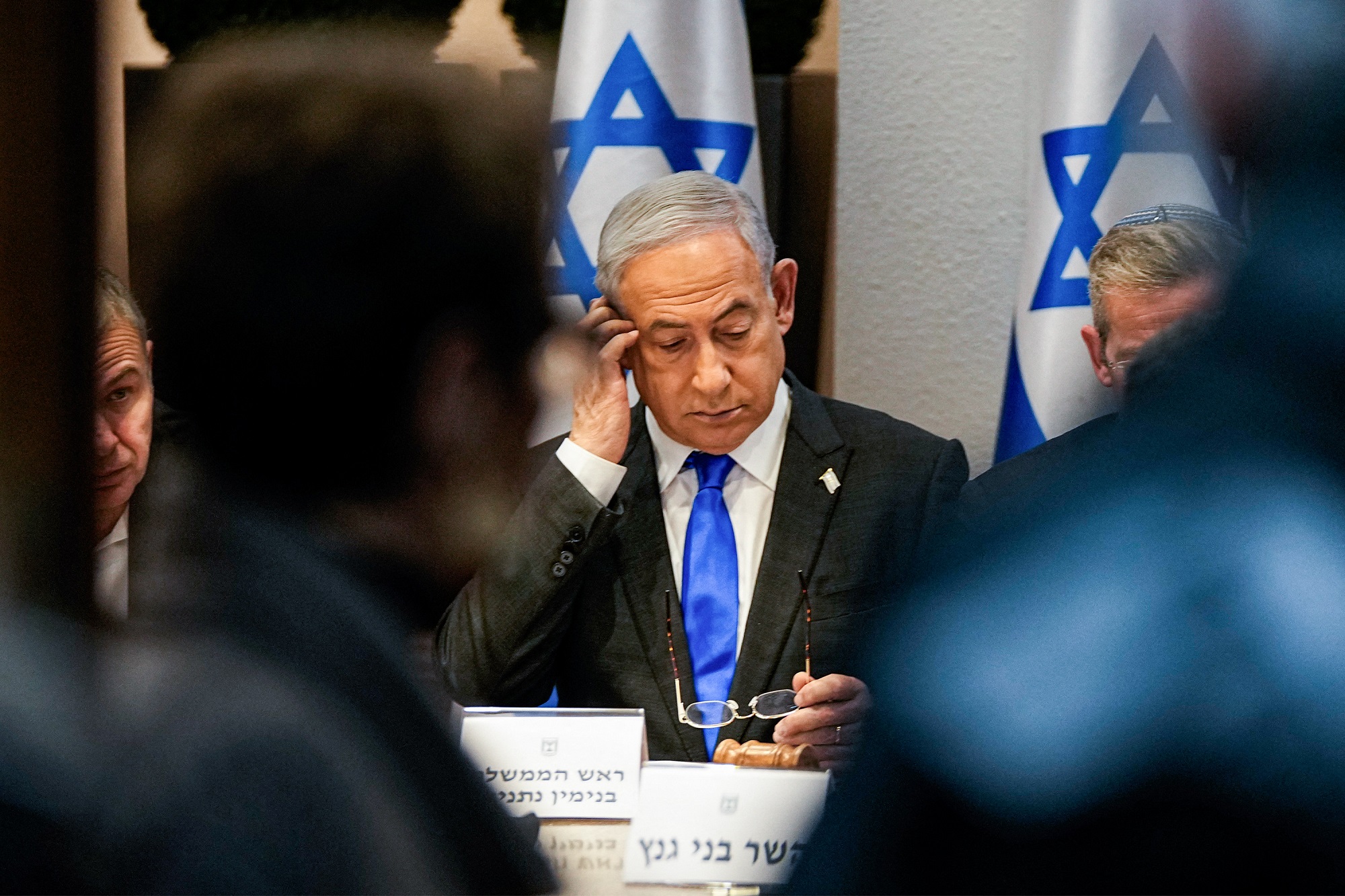 Israel's Prime Minister Benjamin Netanyahu chairs a cabinet meeting at the Kirya military base, which houses the Israeli Ministry of Defence, in Tel Aviv on December 24, 2023. (Photo by Ohad Zwigenberg / POOL / AFP) (Photo by OHAD ZWIGENBERG/POOL/AFP via Getty Images)