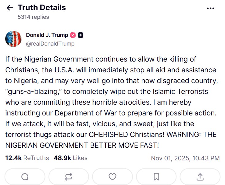 ترامب يهدّد نيجيريا بتدخّل عسكري ويجمّد المساعدات الأميركية لها