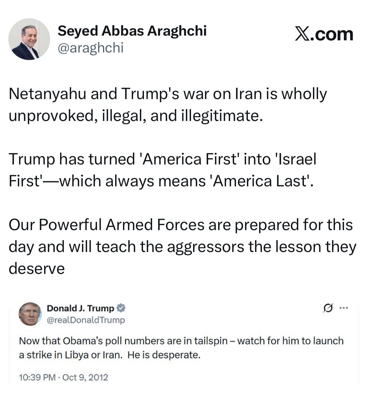 عراقجي: حرب نتنياهو وترامب ضد إيران غير شرعية.. وقواتنا مستعدة لتلقين المعتدين درسًا